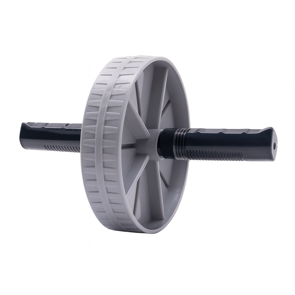 Szare kółko do ćwiczeń mięśni brzucha z czarnymi uchwytami – widok z boku
