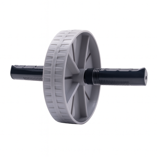 Szare kółko do ćwiczeń mięśni brzucha z czarnymi uchwytami – widok z boku