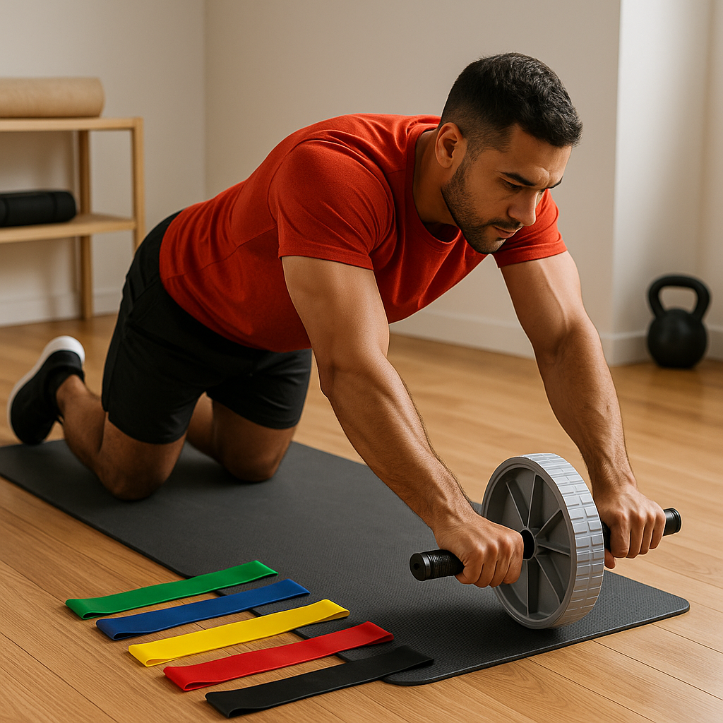Mężczyzna trenujący mięśnie brzucha na macie z użyciem kółka do ćwiczeń i gum oporowych