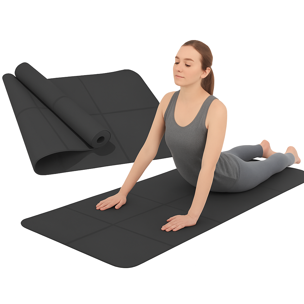 Kobieta ćwicząca jogę na czarnej macie treningowej – pozycja kobry