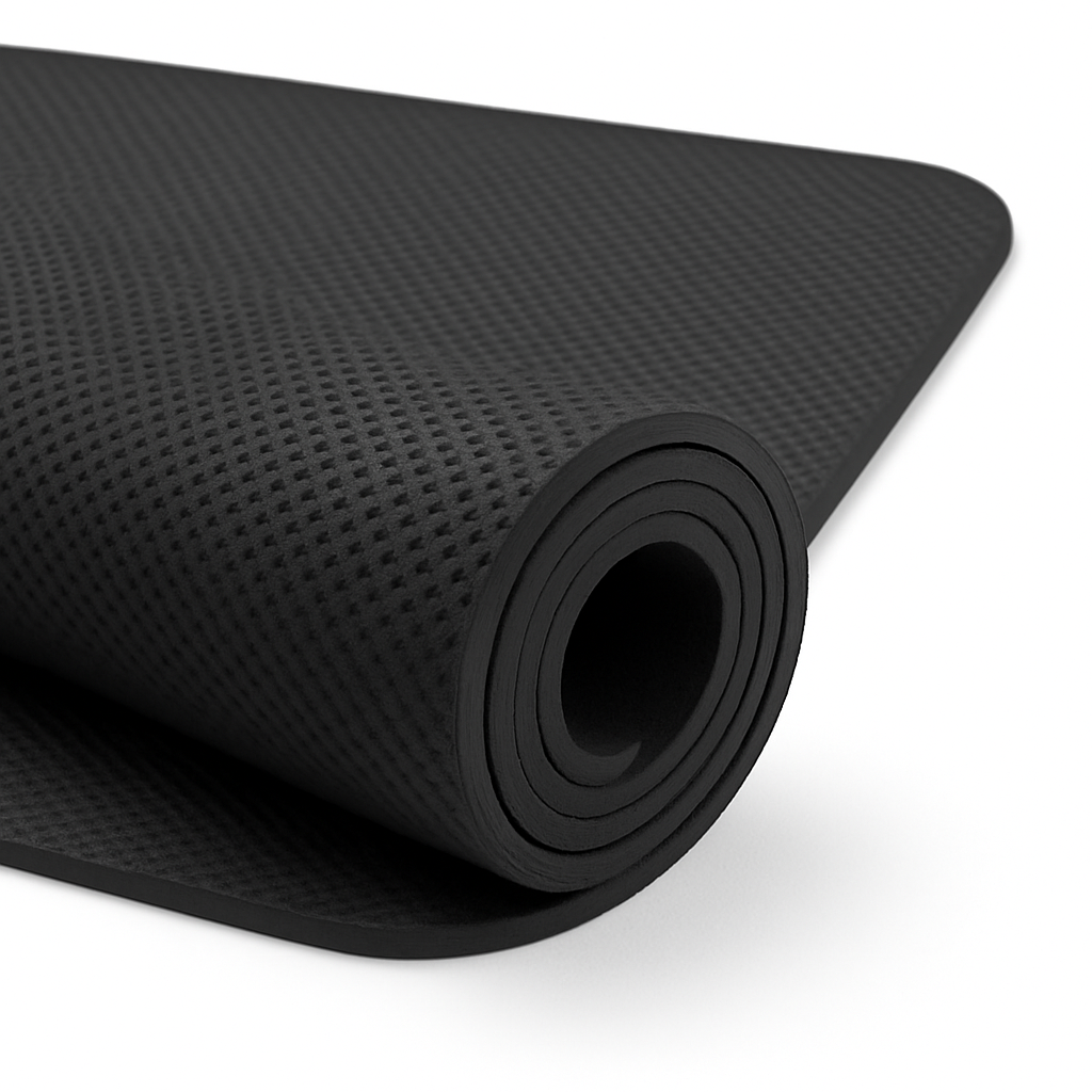 Zwinięta czarna mata treningowa z antypoślizgową powierzchnią