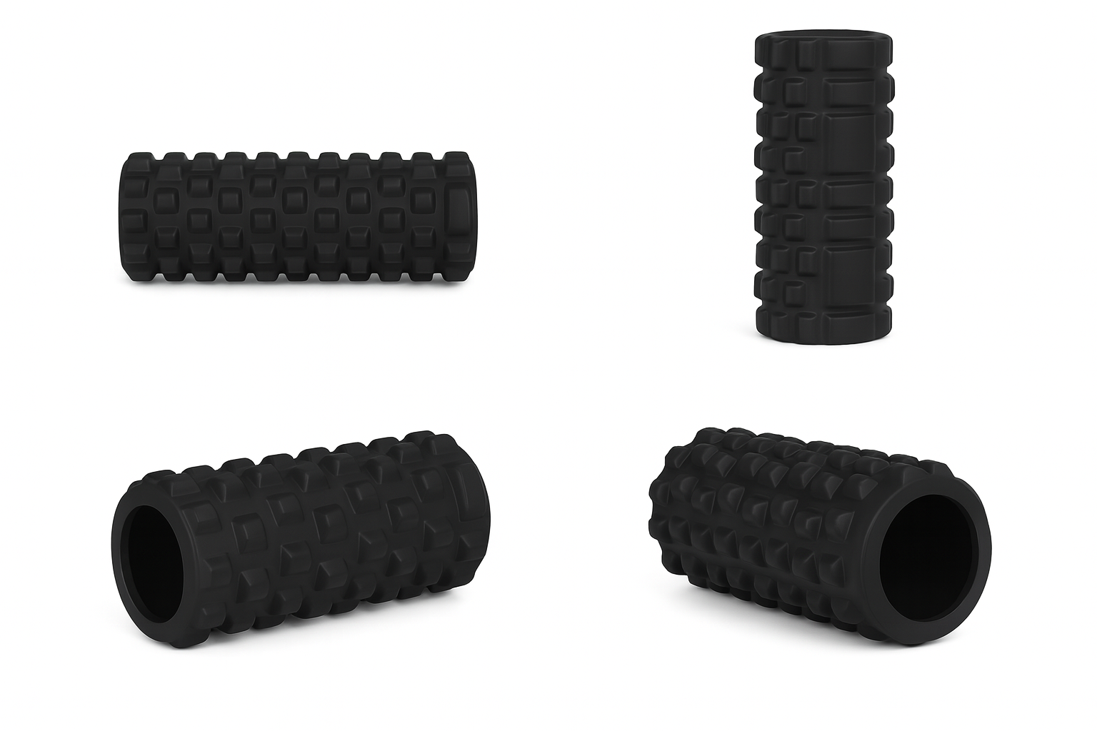 Wałek do masażu mięśni w kolorze czarnym, widok z boku, z góry i pod kątem.