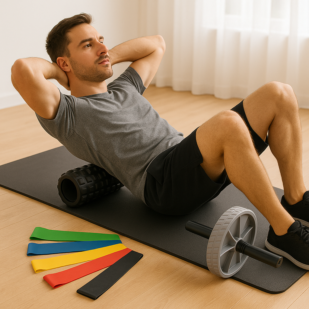 Mężczyzna w sportowym stroju używa czarnego rollera do masażu pleców na macie treningowej.